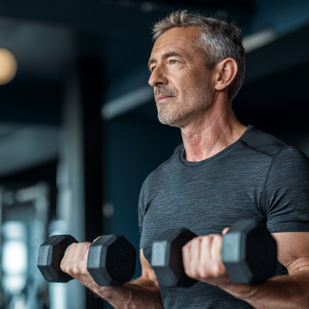 Чоловік 55 років виконує силове тренування з гантелями у сучасному фітнес-залі