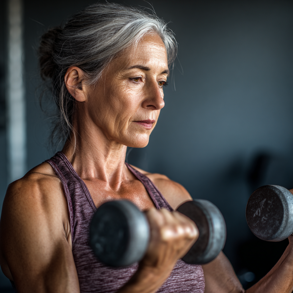 Жінка 58 років займається фітнесом з гантелями, демонструє силу та витривалість