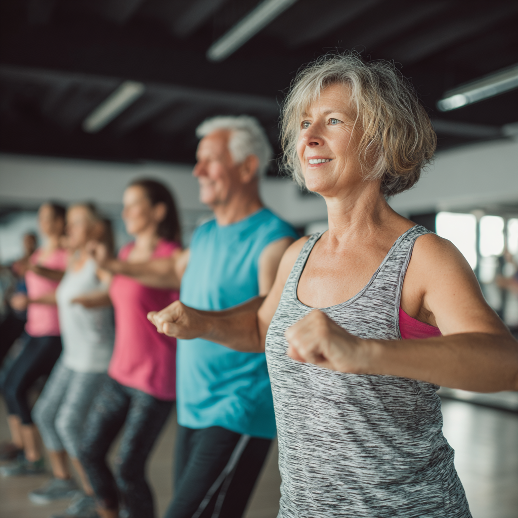 Група людей віком 50-60 років займається груповим фітнесом під керівництвом тренера
