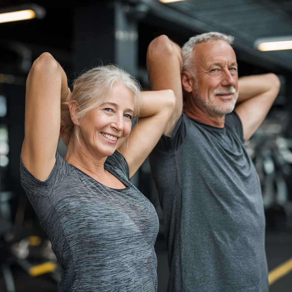 Активна пара 55+ років разом займається розтяжкою після тренування у фітнес-залі